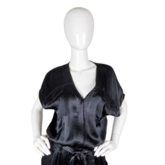 Splendid Satin Ankle Length Tie Waist Blouson Jumpsuit Black Size Medium - Picture 4 of 10